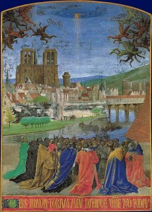 Notre Dame de Paris, västfasaden. Målning av Jean Fouquet (ca. 1415-1480).