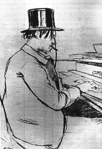 Satie vid pianot . Tecknad 1891 av Santiago Rusiñol.